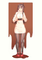 Rule 34 | 1girl, black thunder (chocolate), blue eyes, blush, brown hair, chocolate, closed mouth, commentary request, dress, full body, glasses, hairband, head tilt, highres, holding, kantai collection, long hair, long sleeves, looking at viewer, ooyodo (kancolle), pantyhose, pink sweater, red-framed eyewear, red footwear, shoes, smile, solo, striped clothes, striped pantyhose, sweater, sweater dress, vertical-striped clothes, vertical-striped pantyhose, yuuji (and)