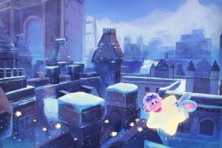 Rule 34 | animal ears, blush stickers, bridge, building, chimney, city, colored skin, copy ability, elfilin, highres, ice kirby, kirby, kirby (series), kirby and the forgotten land, looking at viewer, mouse ears, nintendo, no humans, pink skin, scenery, sky, smile, snow, solid oval eyes, star (symbol), suyasuyabi, warp star, water tank, window