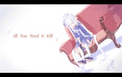 Rule 34 | 1girl, all you need is kill, blue dress, blue footwear, blunt bangs, copyright name, couch, dress, dutch angle, gun, letterboxed, long hair, simple background, sitting, solo, stoolpower, very long hair, weapon, white background, white eyes, white hair, white headwear, white legwear