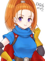 1girl barbara_(dq6) blue_tunic cape character_name clenched_hand commentary_request copyright_name dragon_quest dragon_quest_vi earrings gloves hair_pulled_back hair_tubes high_ponytail hime-ringo jewelry looking_to_the_side orange_hair purple_eyes red_cape smile solo sphere_earrings tunic upper_body white_background yellow_gloves