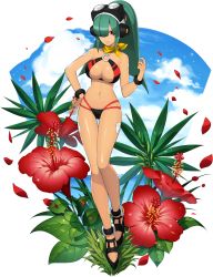 Rule 34 | 1girl, alternate color, alternate eye color, android, bikini, blue sky, blunt bangs, bracelet, breasts, cloud, facing viewer, flower, full body, green hair, hair over one eye, hand on own hip, headset, high ponytail, highres, hime cut, jewelry, large breasts, layer (mega man), long hair, looking at viewer, mega man (series), mega man x (series), mega man x dive, mizuno keisuke, mole, mole under eye, official art, petals, ponytail, red eyes, scarf, sky, smile, solo, summer, swimsuit, transparent background