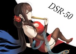 Rule 34 | 1girl, ass, bare shoulders, breasts, brown hair, character name, china dress, chinese clothes, cleavage cutout, clothing cutout, dress, dsr-50 (girls&#039; frontline), dsr-50 (red peony) (girls&#039; frontline), dutch angle, fan to mouth, flower, garter straps, girls&#039; frontline, hair flower, hair ornament, lace, lace-trimmed legwear, lace trim, large breasts, looking at viewer, official alternate costume, red footwear, solo, thighhighs, thighs, yuragi zora
