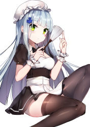Rule 34 | 1girl, absurdres, alternate costume, apron, black bow, black bowtie, black dress, black thighhighs, blunt bangs, blush, bow, bowtie, cleavage cutout, closed mouth, clothing cutout, dress, enmaided, facepaint, girls&#039; frontline, green eyes, hat, highres, hk416 (girls&#039; frontline), holding, jksh5056, knee up, long hair, looking at viewer, maid, mob cap, puffy short sleeves, puffy sleeves, short sleeves, silver hair, simple background, sitting, solo, straight hair, thighhighs, very long hair, waist apron, white apron, white background, white hat, wrist cuffs, zettai ryouiki