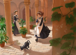Rule 34 | 2girls, apron, black dress, black footwear, blue eyes, brown hair, cat, column, door, dress, frilled apron, frills, holding, letter, long sleeves, maid, maid headdress, mouth hold, multiple girls, open mouth, original, outdoors, parted lips, pillar, plant, potted plant, reaching, reaching towards viewer, running, shoes, silhouette, standing, watering can, yk (tnkau)