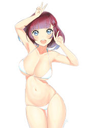 Rule 34 | 1girl, 2018, absurdres, armpits, bikini, blue eyes, breasts, cleavage, dated, double v, halterneck, highres, large breasts, looking at viewer, medium hair, na arva, navel, original, red hair, simple background, smile, solo, string bikini, swimsuit, v, white background, white bikini