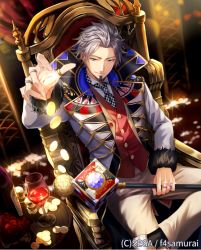 Rule 34 | 1boy, black legwear, blue eyes, bottle, coin, cup, drinking glass, dropping, facial hair, formal, from above, fur trim, goatee, gold, grey hair, hortensia saga, indoors, jewelry, crossed legs, looking at viewer, male focus, official art, red vest, ring, scepter, solo, suit, table, throne, vest, cane, watermark, white footwear, wine bottle, wine glass