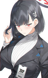 Rule 34 | 1girl, absurdres, arm at side, black hair, black jacket, blue archive, blush, breasts, closed mouth, hair behind ear, halo, hand in own hair, highres, id card, jacket, large breasts, long bangs, long hair, looking at viewer, open clothes, open jacket, red eyes, ribbed sweater, rio (blue archive), simple background, solo, straight hair, suit jacket, sweater, sysen, turtleneck, turtleneck sweater, upper body, white background, white sweater