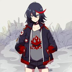 Rule 34 | 1girl, black hair, blue eyes, bomber jacket, casual, commentary, creator connection, epaulettes, flame print, frown, gurepyon, hair between eyes, hands in pockets, jacket, kill la kill, matoi ryuuko, multicolored hair, open clothes, open jacket, red hair, shorts, signature, solo, standing, streaked hair, tengen toppa gurren lagann