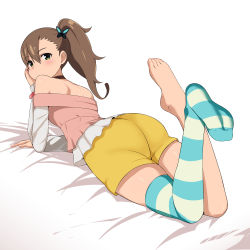 Rule 34 | 1girl, ass, bare shoulders, barefoot, brown hair, butterfly hair ornament, chousoku henkei gyrozetter, feet, gagajya, green eyes, hair ornament, inaba rinne, looking at viewer, looking back, lying, no shoes, on stomach, shorts, side ponytail, single thighhigh, solo, striped clothes, striped thighhighs, thighhighs, toes