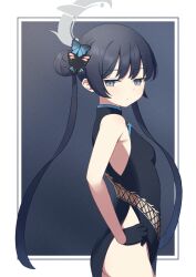 Rule 34 | 1girl, ass, bare shoulders, black eyes, black gloves, black hair, blue archive, border, breasts, butterfly hair ornament, china dress, chinese clothes, dress, expressionless, from side, gloves, hair bun, hair ornament, halo, hand on own hip, highres, hizikata398, kisaki (blue archive), looking at viewer, no panties, single hair bun, small breasts, solo, twintails