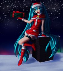 Rule 34 | 1girl, absurdres, arm support, blue bow, blue eyes, blue hair, boots, bow, brick, bridal garter, building, capelet, chimney, christmas, fur trim, gift, glove bow, gloves, hair between eyes, hat, hatsune miku, head tilt, highres, house, huge filesize, knee boots, leg up, long hair, looking at viewer, matching hair/eyes, necktie, night, night sky, pinkisch, pocket, pom pom (clothes), red footwear, red gloves, red ribbon, ribbon, rooftop, santa boots, santa costume, santa hat, sky, snow, snowflakes, solo, standing, teeth, twintails, very long hair, vocaloid, white necktie