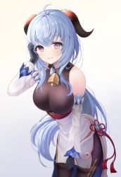 Rule 34 | 1girl, absurdres, ahoge, bare shoulders, bell, bent over, black gloves, black legwear, blue hair, blush, bodice, breasts, chinese knot, detached sleeves, flower knot, frontbend, ganyu (genshin impact), genshin impact, gloves, gold trim, highres, horns, large breasts, leaning, leaning forward, leepy, long hair, looking at viewer, neck bell, purple eyes, sidelocks, smile, solo, standing, tassel, thighlet, vision (genshin impact), white sleeves