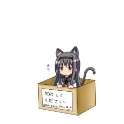 Rule 34 | 10s, 1girl, :&lt;, :3, akemi homura, animal ears, black hair, blush, box, cardboard box, cat ears, cat tail, for adoption, hairband, homu, in box, in container, jitome, kemonomimi mode, kyubey, long hair, mahou shoujo madoka magica, mahou shoujo madoka magica (anime), mai (t-5), mai t-5, simple background, solo, tail, translated