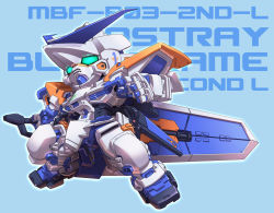 Rule 34 | blue background, character name, chibi, gundam, gundam astray blue frame, gundam seed, gundam seed astray, huge weapon, mecha, no humans, robot, simple background, solo, sword, weapon, yabe makoto
