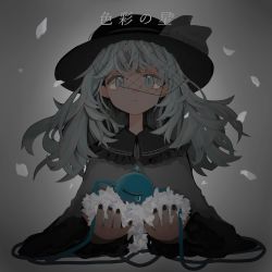 Rule 34 | 1girl, album cover, alternate color, black hat, black nails, blouse, closed mouth, commentary, cover, cropped torso, fingernails, floating hair, frilled shirt collar, frilled sleeves, frills, green eyes, green hair, grey ribbon, grey shirt, hat, hat ribbon, highres, holding, ichinose (kurui96), komeiji koishi, long hair, long sleeves, looking at viewer, nail polish, petals, ribbon, shirt, single tear, smile, solo, third eye, touhou, translated, upper body, veil, wide sleeves