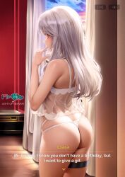Rule 34 | 1girl, absurdres, ass, chained wrists, clara (honkai: star rail), commentary, english commentary, english text, flat chest, highres, honkai: star rail, honkai (series), hotel room, legs, lohmijo, mihoyo, non-web source, panties, pink eyes, see-through, skirt, standing, thigh strap, underwear, white hair, white panties, white skirt, x-ray