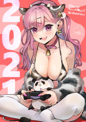 Rule 34 | 1girl, 2021, animal ears, animal print, bell, bikini, breasts, chinese zodiac, cleavage, controller, cow ears, cow print, cowbell, dualshock, fingernails, game console, game controller, gamepad, geshumaro, gradient hair, large breasts, long hair, multicolored hair, nail polish, original, panda, pink eyes, pink hair, playing games, playstation 4, playstation controller, purple hair, smile, solo, swimsuit, thighhighs, twintails, white thighhighs, year of the ox