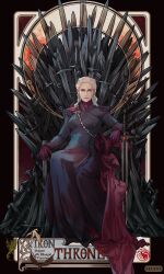 Rule 34 | 1girl, a song of ice and fire, artist name, black robe, blonde hair, closed mouth, commentary, daenerys targaryen, english commentary, english text, game of thrones, gloves, highres, iron throne, long hair, looking at viewer, purple eyes, red gloves, robe, selsnt1, sitting, solo, sword, throne, weapon, white hair