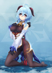 Rule 34 | 1girl, ahoge, barbariank, bare shoulders, bell, black gloves, blue hair, blush, bodysuit, breasts, commentary, covered erect nipples, cowbell, detached sleeves, eyes visible through hair, full body, ganyu (genshin impact), genshin impact, gloves, hair between eyes, hand on own chest, hand on own thigh, highres, horns, kneeling, long hair, looking at viewer, medium breasts, neck bell, no shoes, on ground, purple eyes, side slit, smile, snow, solo, symbol-only commentary, tassel, underbust