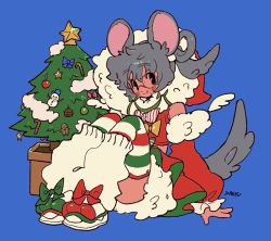 Rule 34 | 1girl, animal ears, blue background, candy, candy cane, christmas tree, food, gingerbread man, grey hair, highres, hood, hood up, knees up, looking at viewer, mouse ears, original, short hair, simple background, smile, snowman, solo, soreeyu (sore-yu), tail