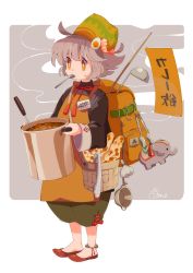 Rule 34 | 1girl, absurdres, ankleband, apron, backpack, bag, black shirt, commentary request, curry, egg hair ornament, flower-shaped pupils, food, food-themed hair ornament, food themed hair ornament, full body, garlic, green legwear, hair ornament, hat, highres, holding, holding pot, ladle, light brown hair, long sleeves, name tag, orange apron, original, pot, puffy pants, red footwear, red neckwear, shirt, short hair, shoulder bag, shrimp hair ornament, solo, sorata123, standing, symbol-shaped pupils, tongs, two-tone background, utensil in mouth