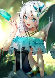 Rule 34 | 1girl, :d, antenna hair, bare shoulders, blue eyes, braid, food, forest, hair between eyes, hair ornament, highres, holding, holding food, honkai (series), honkai impact 3rd, kiana kaslana, kiana kaslana (divine prayer), long hair, looking at viewer, nature, one-piece swimsuit, open mouth, popsicle, skysuy (2267420264), smile, solo, swimsuit, tree, twin braids, white hair