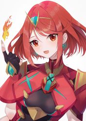Rule 34 | absurdres, black gloves, bob cut, breasts, chest jewel, earrings, fingerless gloves, gem, gloves, headpiece, highres, jewelry, large breasts, pyra (xenoblade), red eyes, red hair, short hair, swept bangs, tiara, xenoblade chronicles (series), xenoblade chronicles 2, yasaikakiage