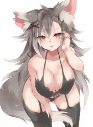 Rule 34 | 1girl, :p, animal ears, bad id, bad twitter id, bent over, bikini, black bikini, black thighhighs, breasts, cameltoe, fangs, front-tie top, garter straps, hair between eyes, hair ornament, tucking hair, hairclip, hand on own thigh, heterochromia, hip focus, long hair, looking at viewer, looking back, pokoten (pokoten718), silver hair, simple background, slit pupils, solo, string bikini, swimsuit, tail, thighhighs, tongue, tongue out, wolf ears, wolf tail, yellow eyes