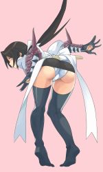 Rule 34 | 1girl, armor, ass, bent over, black hair, black thighhighs, bow, female focus, gloves, hekeniko, japanese clothes, long hair, looking back, original, panties, ponytail, red eyes, simple background, skirt, solo, thighhighs, underwear, white panties