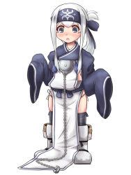 Rule 34 | 10s, 1girl, aged down, ainu clothes, blue eyes, chain, folded ponytail, headband, kamoi (kancolle), kantai collection, long hair, oversized clothes, pelvic curtain, shoes, simple background, sleeves past wrists, solo, thick eyebrows, white background, white footwear, white hair, yukimi unagi