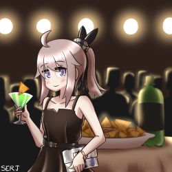 Rule 34 | 1girl, ahoge, bag, bare shoulders, blush, brown dress, cocktail, cocktail glass, collarbone, cup, doritos, dress, drinking glass, evening gown, flat chest, girls&#039; frontline, handbag, high ponytail, highres, light purple hair, looking at viewer, m200 (girls&#039; frontline), m200 (war correspondent) (girls&#039; frontline), medium hair, mountain dew, purple eyes, serjatronic, smile, solo