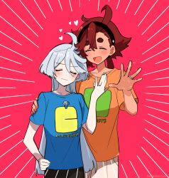 Rule 34 | 2girls, :d, ahoge, black hairband, blue shirt, closed eyes, closed mouth, commentary request, grey hair, gundam, gundam suisei no majo, hair between eyes, hairband, hand on another&#039;s shoulder, hand on own hip, heart, highres, jewelry, long hair, low ponytail, miorine rembran, motion lines, multiple girls, noratanukimaru, open mouth, orange shirt, pink background, print shirt, red hair, ring, shirt, short sleeves, smile, spoilers, standing, suletta mercury, swept bangs, t-shirt, thick eyebrows, twitter username