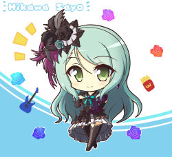 Rule 34 | 1girl, aqua background, aqua hair, bang dream!, black thighhighs, blush, bow, character name, collarbone, commentary request, dress, earrings, electric guitar, feather hair ornament, feathers, floral background, flower, food, french fries, full body, green eyes, guitar, hair between eyes, hair flower, hair ornament, hand on own hip, hand on own chest, highres, hikawa sayo, instrument, jewelry, layered dress, long hair, looking at viewer, notice lines, ribbon, short sleeves, sidelocks, simple background, smile, solo, standing, swept bangs, teen (teen629), thighhighs, two-tone dress, white background, zettai ryouiki