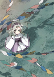 Rule 34 | 1girl, crown, facial mark, flag, forehead mark, from above, full body, grass, green eyes, green hair, highres, hitsuji hiko (mareep15), japanese clothes, kimono, long hair, long sleeves, looking at viewer, original, outdoors, prayer flag, solo, standing, white kimono, wide sleeves, wind