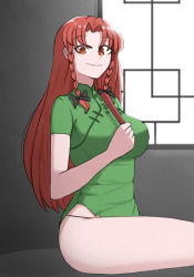 Rule 34 | 1girl, absurdres, adapted costume, black bow, bow, braid, breasts, china dress, chinese clothes, folded fan, dress, folding fan, green dress, hand fan, highres, hong meiling, indoors, large breasts, lips, long hair, mata (matasoup), no headwear, no headwear, orange eyes, pelvic curtain, red hair, short sleeves, side braid, sitting, sitting on table, solo, thick thighs, thighs, touhou, twin braids, window