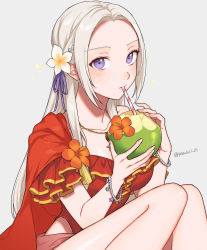 Rule 34 | 1girl, cape, coconut, commentary request, edelgard von hresvelg, fire emblem, fire emblem: three houses, fire emblem heroes, flower, forehead, frills, grey background, hair flower, hair ornament, hair ribbon, highres, long hair, looking at viewer, nintendo, official alternate costume, one-piece swimsuit, peach11 01, purple eyes, purple ribbon, red cape, red one-piece swimsuit, ribbon, simple background, sitting, sleeveless, swimsuit, thighs, twitter username, white flower, white hair
