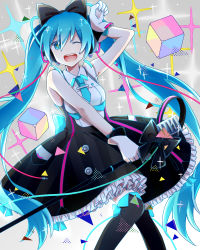 Rule 34 | 1girl, aqua eyes, aqua hair, bad id, bad pixiv id, cube, gloves, hatsune miku, long hair, magical mirai (vocaloid), magical mirai miku, magical mirai miku (2016), microphone, microphone stand, missmisa, necktie, one eye closed, open mouth, solo, thighhighs, twintails, very long hair, vocaloid