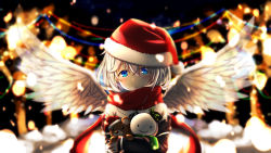 Rule 34 | 1girl, :o, angel, angel wings, aoi thomas, black hat, black shirt, blue eyes, blurry, blurry background, breath, christmas, commentary request, depth of field, feathered wings, fur-trimmed headwear, fur trim, hair between eyes, hat, head tilt, highres, hugging object, long sleeves, looking at viewer, mini hat, mini top hat, night, night sky, original, outdoors, parted lips, red hat, red scarf, santa hat, scarf, shirt, silver hair, sky, sleeves past wrists, solo, stuffed animal, stuffed toy, teddy bear, tilted headwear, top hat, transparent wings, upper body, white wings, wings