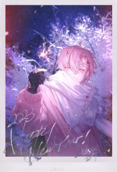 Rule 34 | 1boy, absurdres, closed eyes, coat, fingerless gloves, gloves, glowing, happy new year, highres, holding fireworks, horns, multicolored hair, new year, nijisanji, nnk (nongnong), outside border, pink coat, pink hair, red hair, scarf, short hair, smile, solo, streaked hair, tocci (virtuareal), upper body, virtual youtuber, virtuareal, white scarf, winter clothes, winter coat