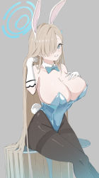 Rule 34 | 1girl, absurdres, animal ears, aqua bow, aqua bowtie, aqua eyes, aqua leotard, asuna (blue archive), asuna (bunny) (blue archive), bad id, bad pixiv id, black pantyhose, blue archive, blush, bow, bowtie, breasts, cleavage, elbow gloves, fake animal ears, gloves, grin, hair over one eye, halo, hand in own hair, highres, huge breasts, leotard, light brown hair, long hair, looking at viewer, mole, mole on breast, ocha (popopogg), pantyhose, playboy bunny, rabbit ears, rabbit tail, simple background, sitting, smile, solo, tail, thighband pantyhose, very long hair, white gloves