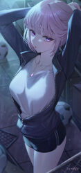 Rule 34 | 1girl, absurdres, arms up, ball, black jacket, black shorts, collarbone, commission, eyelashes, highres, jacket, jewelry, lichiko, long hair, long sleeves, looking at viewer, necklace, night, original, outdoors, parted lips, partially unzipped, pink hair, purple eyes, shirt, short shorts, shorts, sidelocks, soccer ball, solo, standing, tying hair, white shirt