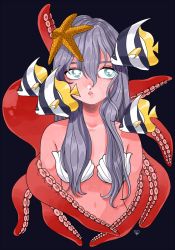 Rule 34 | 1girl, amamams, blue background, blue eyes, fish, grey hair, highres, long hair, looking to the side, navel, octopus, original, parted lips, seashell, shell, shell bikini, signature, starfish, tentacles