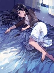 Rule 34 | 1girl, barefoot, bed, black hair, blue eyes, curtains, dress, indoors, long hair, lying, on side, original, solo, sweater, tan (tangent), window