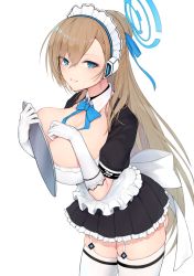 Rule 34 | 1girl, alternate breast size, asuna (blue archive), asymmetrical bangs, blonde hair, blue archive, blue eyes, bow, bowtie, braid, breast press, breasts, cleavage, collarbone, elbow gloves, garter straps, gloves, grain, hair ribbon, highres, large breasts, long hair, looking at viewer, maid, maid headdress, mole, mole on breast, parted lips, ribbon, simple background, skindentation, solo, thighhighs, white background, white gloves, white thighhighs
