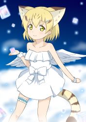 Rule 34 | 10s, 1girl, absurdres, angel wings, animal ears, bad id, bad pixiv id, bare shoulders, blonde hair, cat ears, cat tail, cloud, collarbone, commentary, cube, dress, extra ears, hair ornament, hairclip, highres, kemono friends, bridal garter, looking at viewer, sand cat (kemono friends), sandstar, shiraha maru, short hair, smile, solo, strapless, strapless dress, tail, white dress, wings, wrist cuffs, yellow eyes