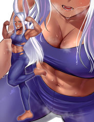 Rule 34 | 1girl, abs, absurdres, animal ears, bare shoulders, blush, boku no hero academia, breasts, brown eyes, character name, cleavage, commentary request, dark-skinned female, dark skin, english text, engrish text, flexing, grin, highres, long hair, looking at viewer, medium breasts, midriff, mirko, multiple views, muscular, muscular female, navel, open mouth, rabbit ears, rabbit girl, ranguage, sleeveless, smile, sports bra, standing, standing on one leg, sweat, teeth, toin (iitoin), tongue, white hair