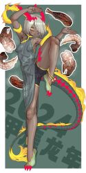 Rule 34 | 1girl, 2024, absurdres, anklet, armpits, arms up, bare shoulders, bell, blush, breasts, china dress, chinese clothes, chinese new year, commentary, commentary request, crab claw, dark-skinned female, dark skin, dragon girl, dragon print, dragon tail, dress, drooling, ebonyxh, elden ring, eyes visible through hair, freckles, green background, hagoromo, hair over one eye, highres, jewelry, leg up, mouth drool, open mouth, original, ringed eyes, shawl, short hair, shorts, shrimp, simple background, sleeveless, sleeveless dress, small breasts, solaria (ebonyxh), standing, standing on one leg, steam, tail, white background, white hair, yellow eyes