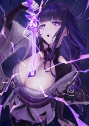 Rule 34 | 1girl, arm up, black bridal gauntlets, black shrug, blunt bangs, blush, breasts, bridal gauntlets, cleavage, commentary, electricity, genshin impact, highres, holding, holding sword, holding weapon, human scabbard, japanese clothes, kimono, large breasts, long hair, looking at viewer, low-braided long hair, low-tied long hair, mitsudomoe (shape), mole, mole under eye, musou isshin (genshin impact), obi, obiage, obijime, open mouth, purple background, purple eyes, purple hair, purple kimono, raiden shogun, sanshoku dango (ahxf3842), sash, sheath, simple background, solo, sword, tomoe (symbol), unsheathing, upper body, weapon, wide sleeves