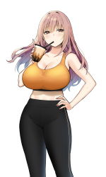 Rule 34 | 1girl, bare shoulders, black pants, blush, breasts, brown eyes, brown hair, bubble tea, cleavage, collarbone, cup, disposable cup, drinking, drinking straw, highres, holding, holding cup, huge breasts, kaori (sky-freedom), long hair, looking at viewer, orange sports bra, original, pants, simple background, sky-freedom, solo, sports bra, thighs, tight clothes, tight pants, white background, yoga pants