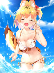 Rule 34 | 1girl, :d, ^ ^, animal ear fluff, animal ears, bare shoulders, bikini, blonde hair, blue sky, blush, bow, breasts, brown bikini, brown bow, cleavage, closed eyes, cloud, cloudy sky, collarbone, commentary request, cowboy shot, day, facing viewer, fang, flower, frilled bikini, frills, hair between eyes, hair bow, hair flower, hair ornament, halterneck, hand up, hibiscus, highres, kemono friends, lifting own clothes, makuran, medium breasts, one side up, open mouth, outdoors, polka dot, polka dot bikini, polka dot bikini bottom, print bikini, red flower, serval (kemono friends), serval print, serval tail, side-tie bikini bottom, sky, smile, solo, standing, strap lift, sunlight, swimsuit, tail, tail raised, thigh gap, wading, water, white bikini